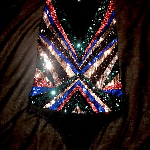 Express Sequin Bodysuit Black, Silver, Multicolor Size XS, Like New - Picture 1 of 4